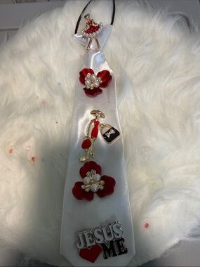 White Satin Ribbon Necklace with Red Floral & Charm Accents